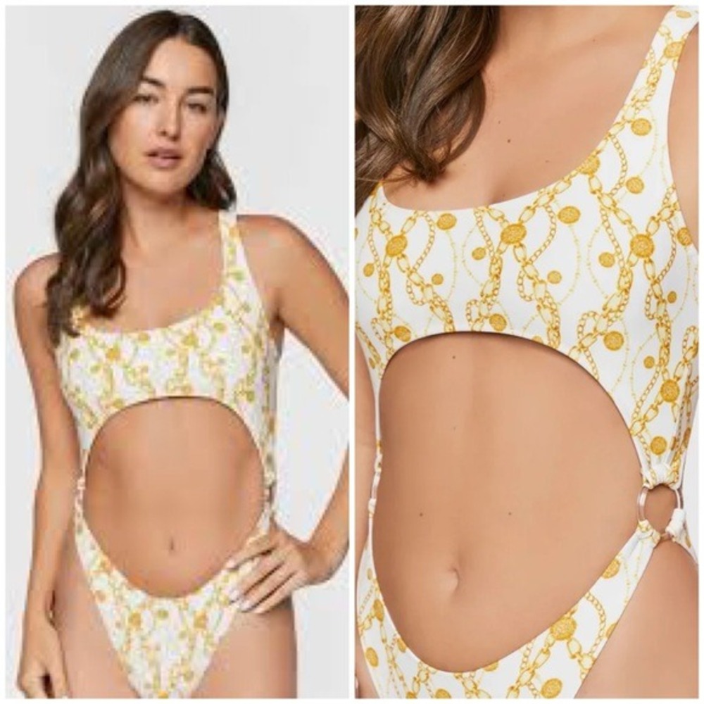 Forever 21 Womens‎ Gold Chain Print Cutout One Piece Swimsuit White Yellow S NWT